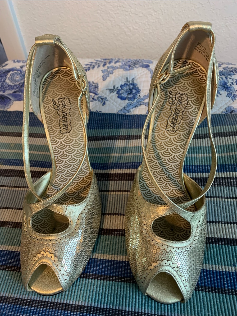 Gold Sequin Peep-Toe Ankle-Strap Heels by Soda